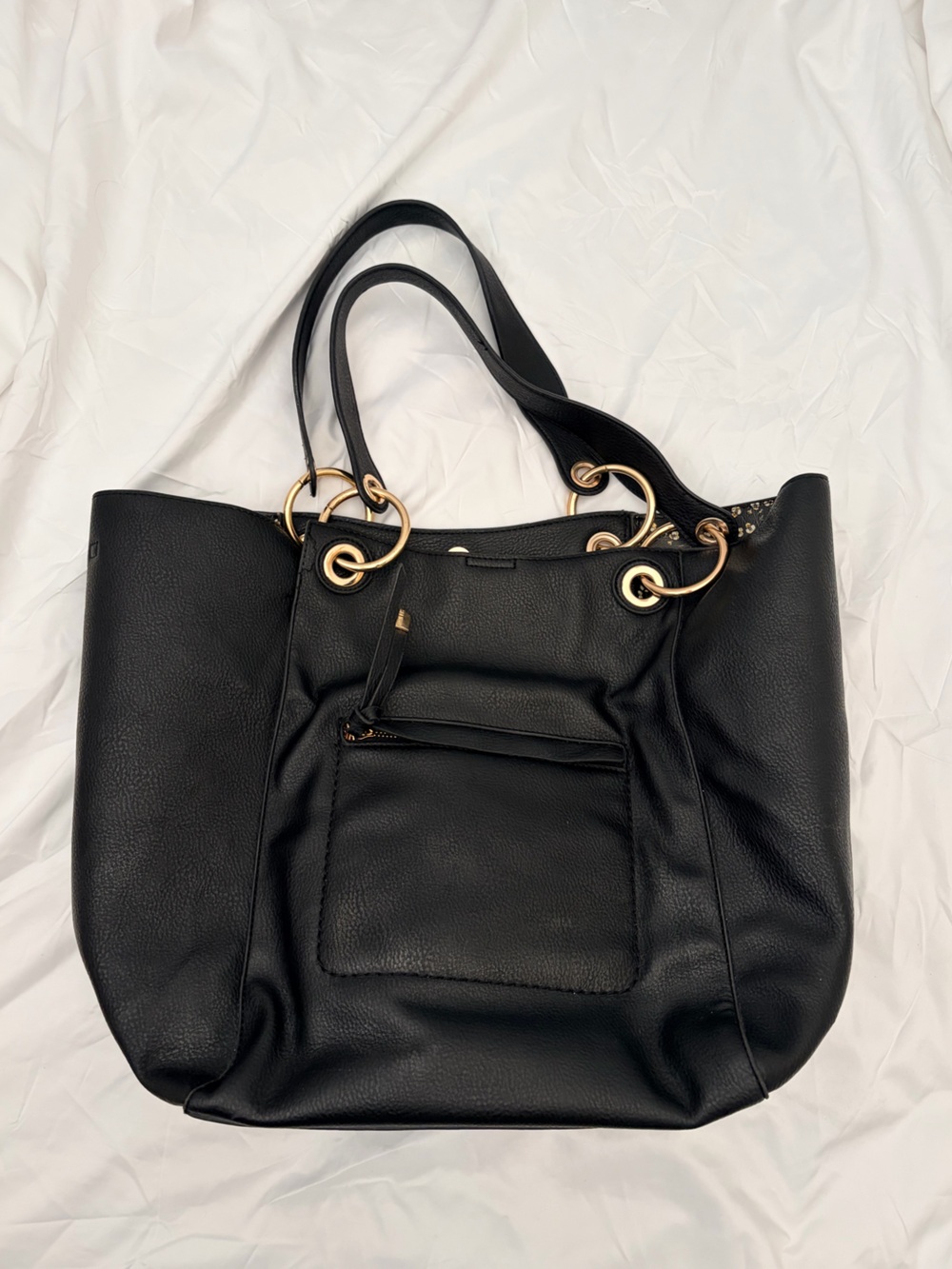 Steve Madden Black Tote with Gold Ring Hardware and floral detail